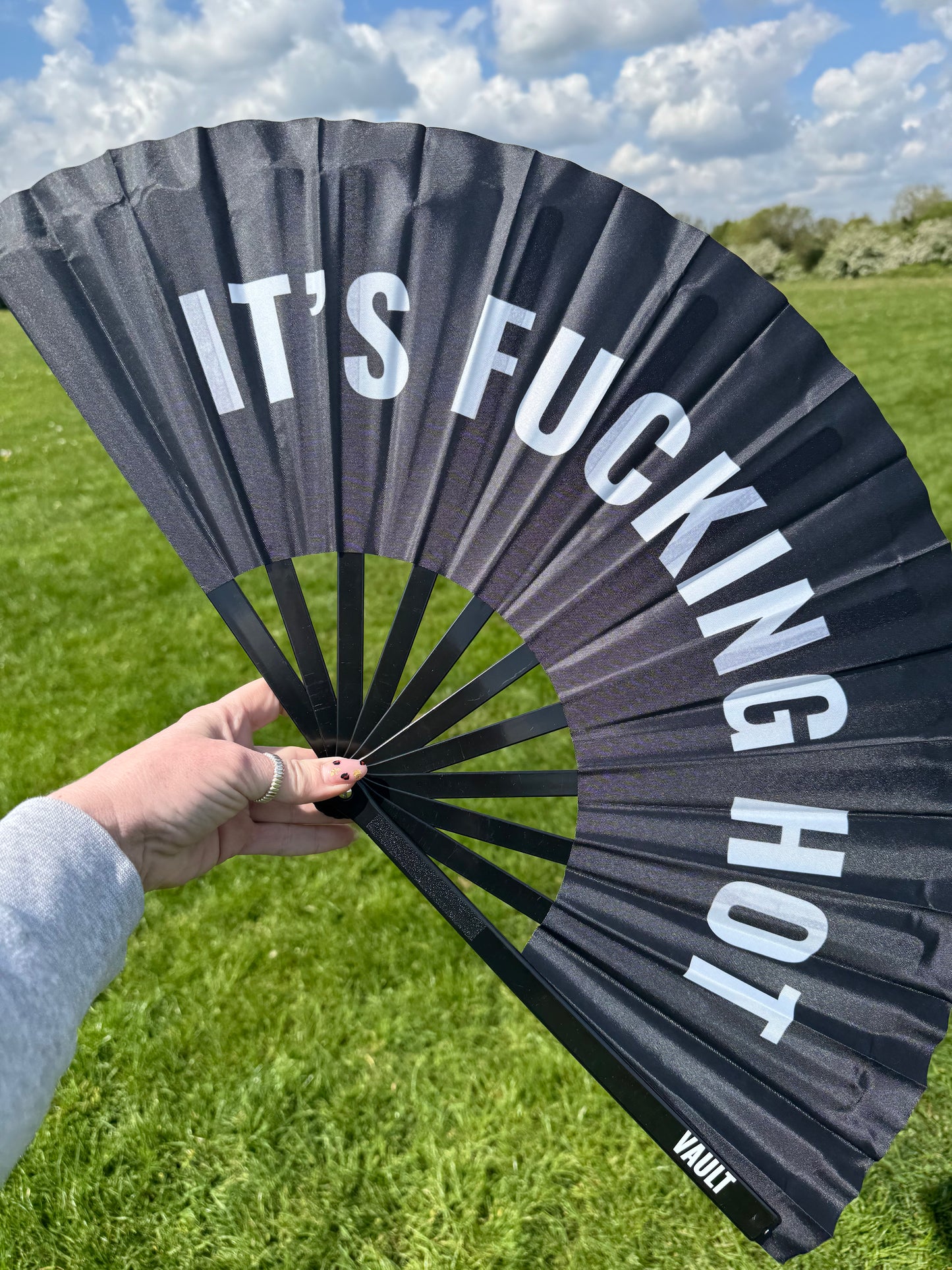 “IT’S FUCKING HOT” Oversized Folding Hand Fan | Large Statement Festival Fan | Black Bamboo Style Fan